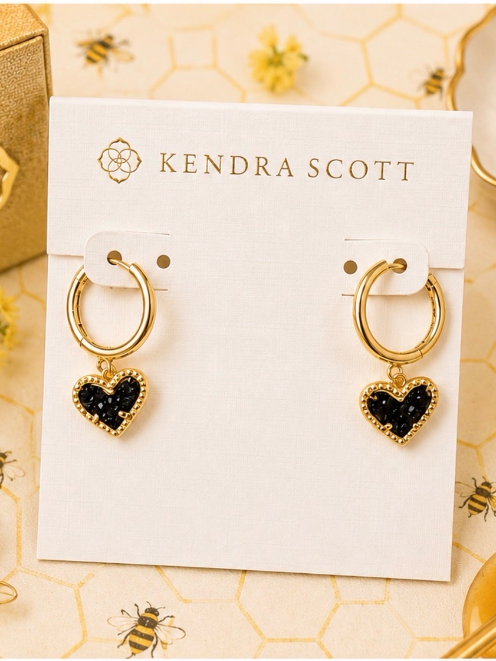Kendra Scott Gold Hoop Earrings with Black Heart Dangles